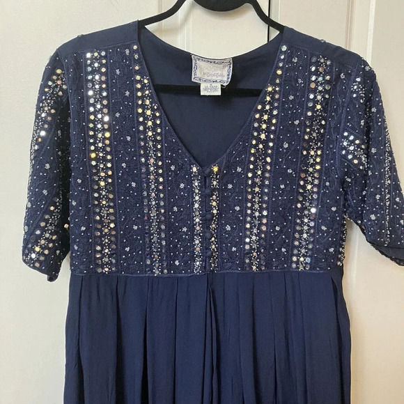 Vintage April Cornell Maxi Dress Womens M Navy Blue Mirror Beaded Cotton Rayon - Picture 3 of 6